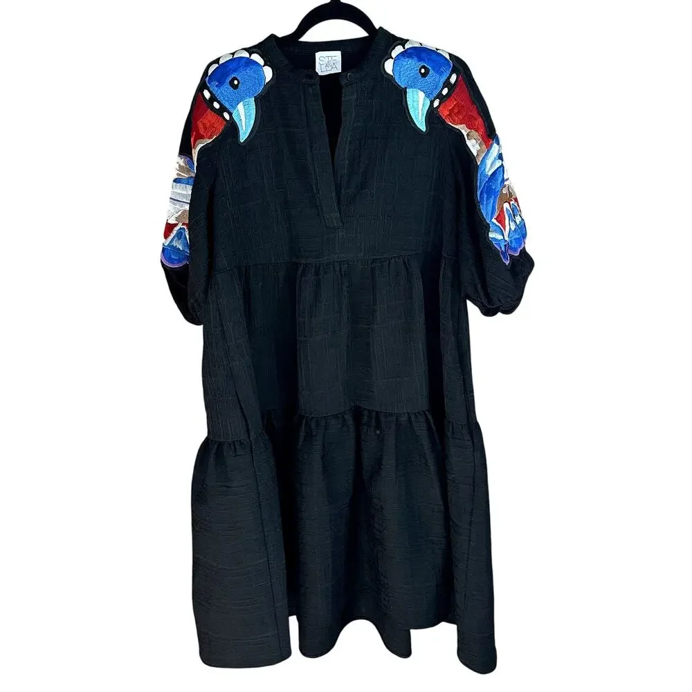 Stella Jean Bird Embroidered Short Sleeve Tiered Midi Dress Black. - Picture 2 of 6
